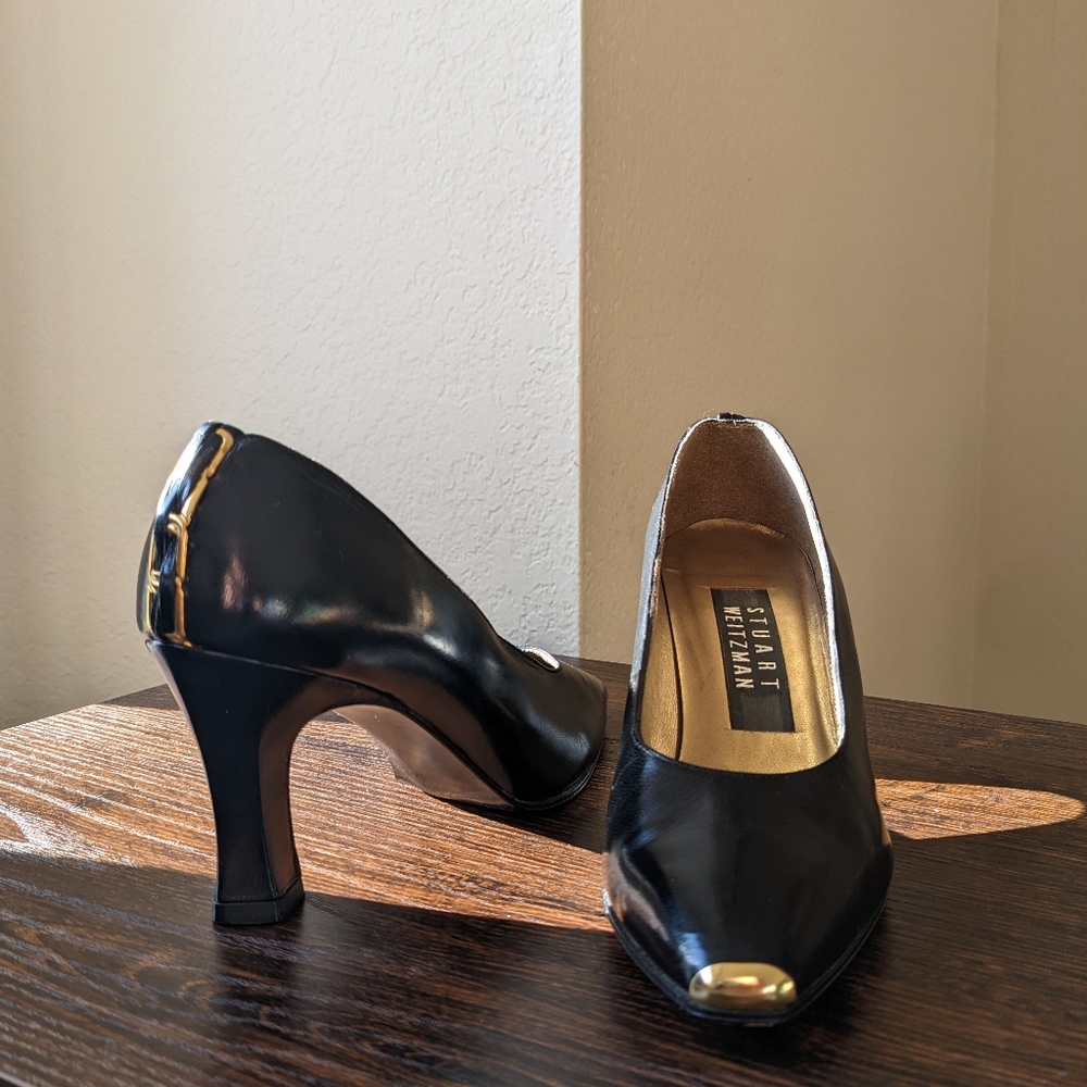 Stuart Weitzman Black Leather Gold Detail Pump High Heels